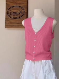 Pink Ice ผ้าไหม ถัก เสื้อกั๊ก เสื้อท่อนบน ผู้หญิง ฤดูร้อน แขนกุด V คอ Layering เสื้อกล้าม เสื้อผ้าทํางาน Pure  ยี่ห้อ Holis