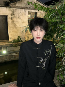 OUMULONG | Green Bamboo Embroidered Chinese Style Mens Suit Jacket