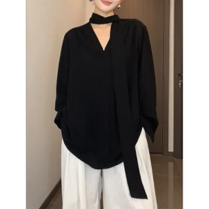 QINGNAER | V-neck Ribbon Design Loose Blouse Big Size Women Shirt
