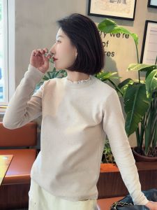 เสื้อยืดคอกลมแขนยาวผ้าฝ้ายบล็อกสีบล็อกสไตล์หวาน Dongdaemun สำหรับผู้หญิงในฤดูใบไม้ร่วง ผ้าฝ้ายบล็อกเนื้อหนา คอกลม แขนยาว เสื้อชั้นใน