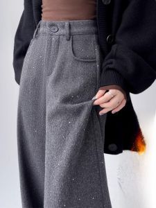 WANGGONGZHU | High Waist Grey Sequin Casual Suit Pants Women Autumn Winter New Design Slimming Wool Wide Leg Long Trousers Princess Style