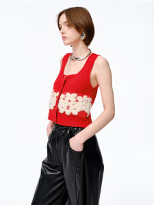 XIAOLI | New Spring Red Lace Jacquard Wool Knitted Vest