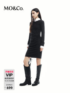 MO＆Co. 100% Pure Wool Waist-Cinching Little Black Dress Street Style Solid Color round Neck Long Sleeve Short Dress
