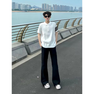 กางเกงขายาวทรงตรงผ้าไหมน้ำแข็งสีดำสำหรับผู้ชาย ทรงสลิมฟิต ทรงตรง ทรงบาง ทรงลำลอง ฤดูร้อน 2025 กางเกงขายาวทรงตรง