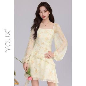 YOUXIANG | Đầm Ngắn Hoa Ôm Eo Màu Đào Cổ Vuông