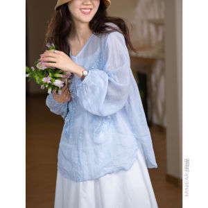 XIAOER | Heavy Embroidery Beaded 100 Pure Ramie Straight Shoulder Well-stitched Lining V-neck Blouse