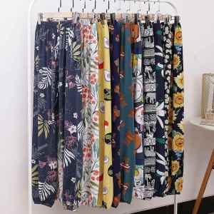 Summer Thin Cotton Silk Lantern Pants Womens Casual Loose Trousers Mosquito Proof Beach Pants Artificial Cotton Comfortable Sleepwear