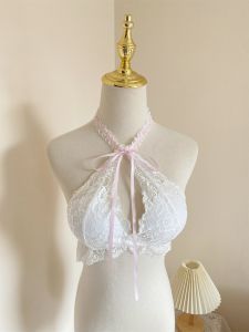 Áo Ngực Ren Gợi Cảm Cổ Treo Màu Hồng Hoa Thấp Pure Desire Áo Ngực Lót Gợi Cảm Cho Nữ Mùa Xuân 2024 Áo Ngực Ngắn Màu Trơn