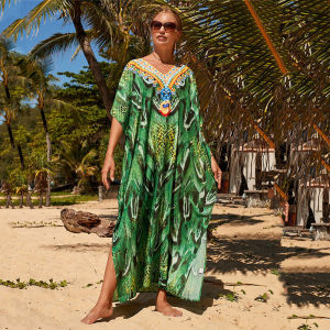 2025 Boho Beach Cover Up Green Snake Printing Beach Tunic Kaftan Robe De Plage Oversize Holiday Long Dress Swimwear
