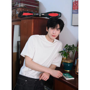 Zhang Linghe White Short Sleeve Cotton T-Shirt Mens Summer Heavyweight Cleanfit Small Collar Shoulder Width Half Sleeve