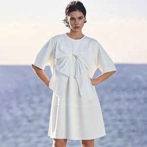 AMII | Round Neck Bow Decoration Cocoon T-Shirt Dress Mixed Fabric