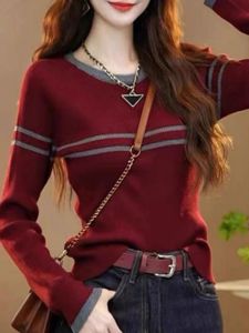 Red Striped Knitted Slim Fit Base Shirt Womens Autumn Winter Inner Wear Short Sleeve Long Shirt Korean Style Commute Fashion