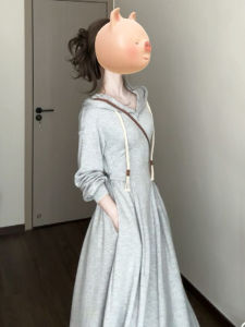 Gray Hooded Long Sleeve Dress Korean Style Womens Fashion Autumn 2025 New Commuter Pure Color Waist Cinched Sweatshirt Dress