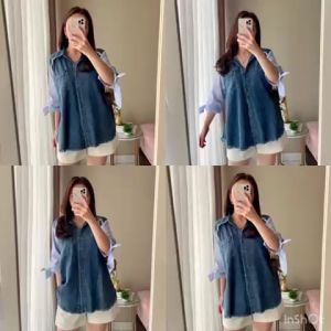 SJM KEMEJA DENIM KOMBINASI KATUN SALUR IMPORT LENGAN 3/4 SNOW BLUE 2540