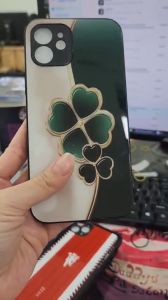 Ốp lưng kính cỏ 4 lá đẹp cho IPhone 5/6/7/8/11/12/13/X/XR/XSM chất liệu kính tráng gương cao cấp viền đen TPU dày chống sốc