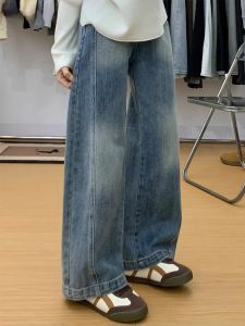 กางเกงยีนส์ขากว้างเอวสูงสไตล์อเมริกันย้อนยุคสำหรับผู้หญิง กางเกงขายาวทรงตรงหลวมๆ ฤดูใบไม้ร่วง 2025 ใหม่ กางเกงขายาวทรงสลักข้างโค้ง