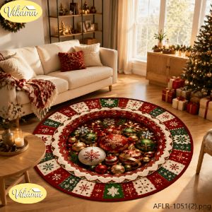 VIKAMA Christmas Round Area Rug with Ball Ornaments Pine Trees and Snowflakes Non-Slip Living Room Rug Home Decor