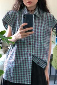 Hong Kong Style Retro Plaid Shirt Womens 2024 Summer New Arrival French Style Design Niche Style Chic Casual All-Matching Tops