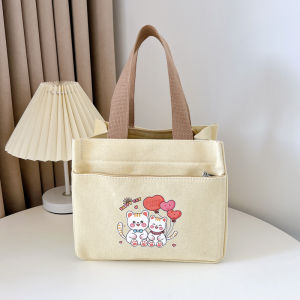 Thickened Canvas Tote Bag Womens Commuter Style Handbag Fashionable Bucket Shape Shoulder Bag with Zipper Leisure Cartoon Pattern