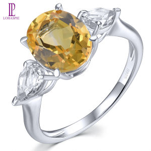 Lohaspie Đồ Trang Sức Chính Hãng 2.2 Carats Rắn Sterling Bạc 925 Nhẫn bằng đá thạch anh vàng tự nhiên Nhẫn Citrine Đá Nhẫn chính gốc 925 Vòng Tròn Bạc Với Đá Birthstone Nhẫn Cho trang sức nữ