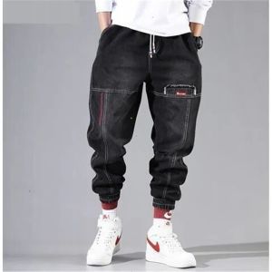 Korean Fashion Ankle Banded Denim Men Jeans Black Gray Cargo Pants for Men Elastic Baggy Harem Pants Streetwear Hip Hop Jeans