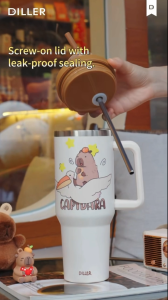 DILLER 1200ML Capybara Tumbler 304 Stainless Steel Vacuum Insulated Cup with Straw & Handle | Hot & Cold Thermal Bottle