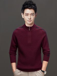 ROMON | Red Pure Woolen High Collar Sweater Zipper Design Winter Fashion Urban Style Long Sleeve Thickened Knitted Shirt For Men New Year