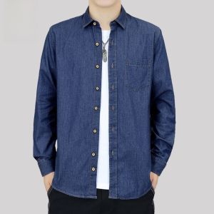 ROMON | Romon Mens Denim Shirt Pure Cotton Casual Long Sleeve Turn-down Collar Workwear Outerwear Autumn New Style Loose Fit Button Up