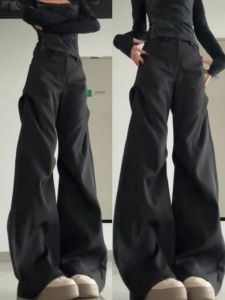 High Waist Loose Fit Black Wide Leg Pants Womens Long Trousers Flared Casual Suit Pants for Tall 180 Commute Korean Style