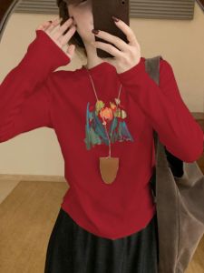 เสื้อยืดคอกลมแขนยาวผ้าขนแกะสไตล์เยาวชนสำหรับผู้หญิงในฤดูใบไม้ร่วงและฤดูหนาว เสื้อเชิ้ตทรงเข้ารูป เสื้อเชิ้ตคอกลมสั้น เสื้อเชิ้ตคอกลมสั้น