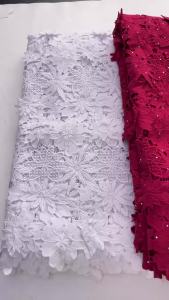 Luxury Red African Guipure Cord Lace Fabric With Rhinestones Heavy Embroidery Hollow Out Cord Lace For Wedding Party Dress Sew