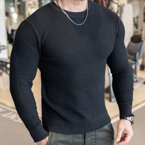 Ultimate Support Men's Long Sleeve Knitted Muscle Fitness Sweater Autumn Winter Base Layer Tight Fit Sporty Crew Neck Top