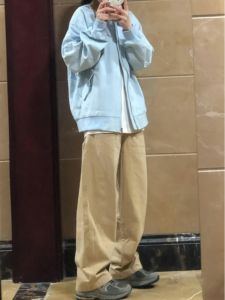 Khaki Workwear Casual Pants Women Spring Autumn New Small Size Straight Leg Loose Bf Lazy Wide Leg Pants High Waist Long Trousers