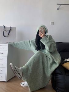 Idle Style Loose Hooded Dress Female Long Fall and Winter K-style Pullover Wool Knit Knitted Dress Overknee Dress Thickened