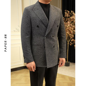 Vintage Dark Gray Double Breasted Peak Lapel Suit Jacket