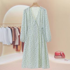 Elegant V-Neck Printed Dress with Belt Side Waist Cinching One-Piece Spring Summer Autumn Long Sleeve Ladies Fashion