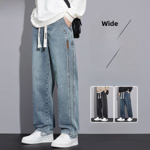 Mens Casual Thickened Jeans Elastic Waist Workwear Loose Fit Long Pants Cotton Stretch Denim Youth Suitable All Seasons