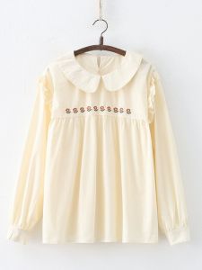 Japanese Girl Style Long Sleeve Embroidered Flower Doll Collar Shirt Women Spring Autumn Cotton Gingham Plaid Patchwork Blouse