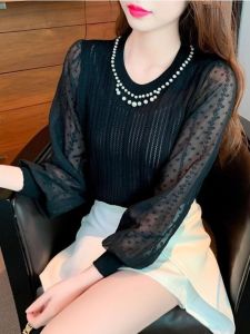 เสื้อยืดคอตั้งปักลูกไม้สำหรับผู้หญิง เสื้อสเวตเตอร์ถักแขนยาวทรงหลวม ฤดูใบไม้ผลิ 2024 เสื้อเชิ้ตคอตั้งดีไซน์เก๋ไก๋สำหรับผู้หญิง