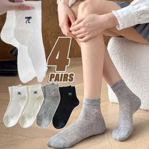 4pairs Summer Thin Bowknot Socks Women Girls Mesh Breathable Sweet Cute JK Short Mid-tube Stockings Lolita Hosiery