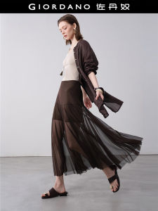 Giordano Designer Mesh Skirt High Waist Half-length Elastic Splice Womens Summer New Style A-Line Skirt Casual Polyester Fiber