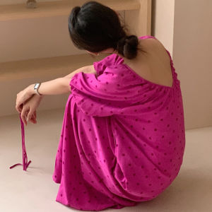 ชุดเดรสยาวสไตล์ฝรั่งเศสสำหรับผู้หญิงในช่วงฤดูร้อน แขนสั้น ทรงหลวม กระเป๋า ชุดนอน ชุดเดรสยาวคลุมเข่า ทรงเอ