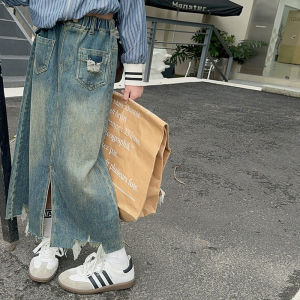 Trendy Girls Denim Mini Skirt Spring Autumn New Fashion Big Kids Slit Skirts A-Line Skirts Korean Style Childrens Clothing