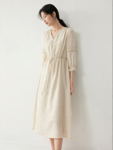Yigue | French Puff Sleeve Tencel Womens V-Neck Retro Lace Hollow Mid-Length Dress