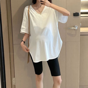 Áo Thun Tay Ngắn Mỏng Màu Xám Cho Bà Bầu Mùa Hè Áo Thun Rộng Rãi Cổ Chữ V Tay Thường Không Có Thương Hiệu Không Có Mũ