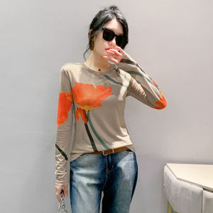 REHIN Autumn New Arrival Round Neck Long Sleeve Mesh Printed T-Shirt Korean Stylish Slim Fit Base Shirt Elegant Womens Top