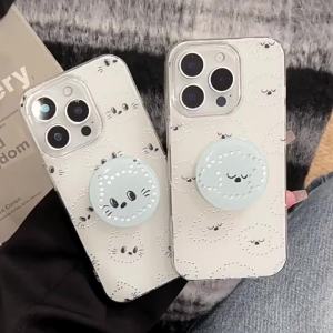 Fun Emoji Smile Golden Stand Phone Case For iPhone 17 AIR 16 Pro Max 15 14 13 12 11 Pro Max Plus 8 7 XR Creative Cat Dog Shockproof Soft Cover