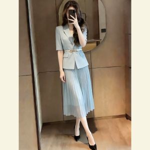 SHANGSHA | Autumn Elegant Luxury Blue Career Suit Dress