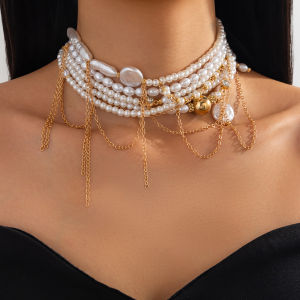 Ingemark Multilayer Imitation Pearl Beaded Choker Necklace Women Baroque Romantic Tassel Collar Necklace Aesthetic Jewelry Gifts