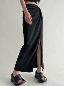 Slimming Long Black Asymmetrical High Slit Womens Skirt Straight Cut Bodycon High Waist Commute Style Simple Design Summer 2024